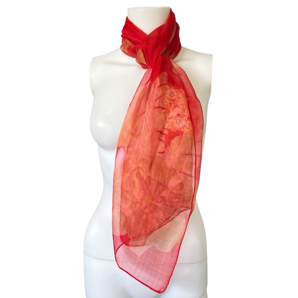 Large Red Sheer Scarf Floral Lightweight Colorful